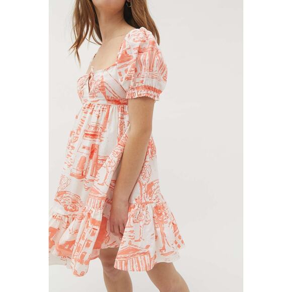 Urban Outfitters Wonderland Orange Puff Sleeve Ruffle Cutout Mini A-Line Dress L - Picture 4 of 12
